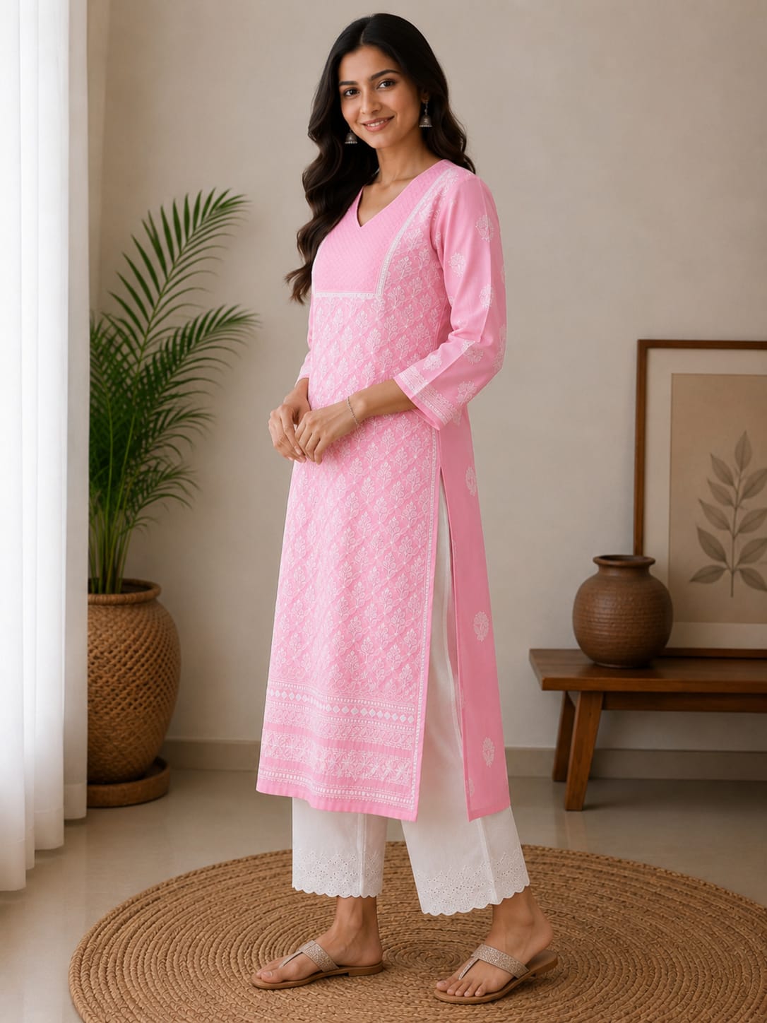 Baby Pink Kurti Cotton Full Jaal Work