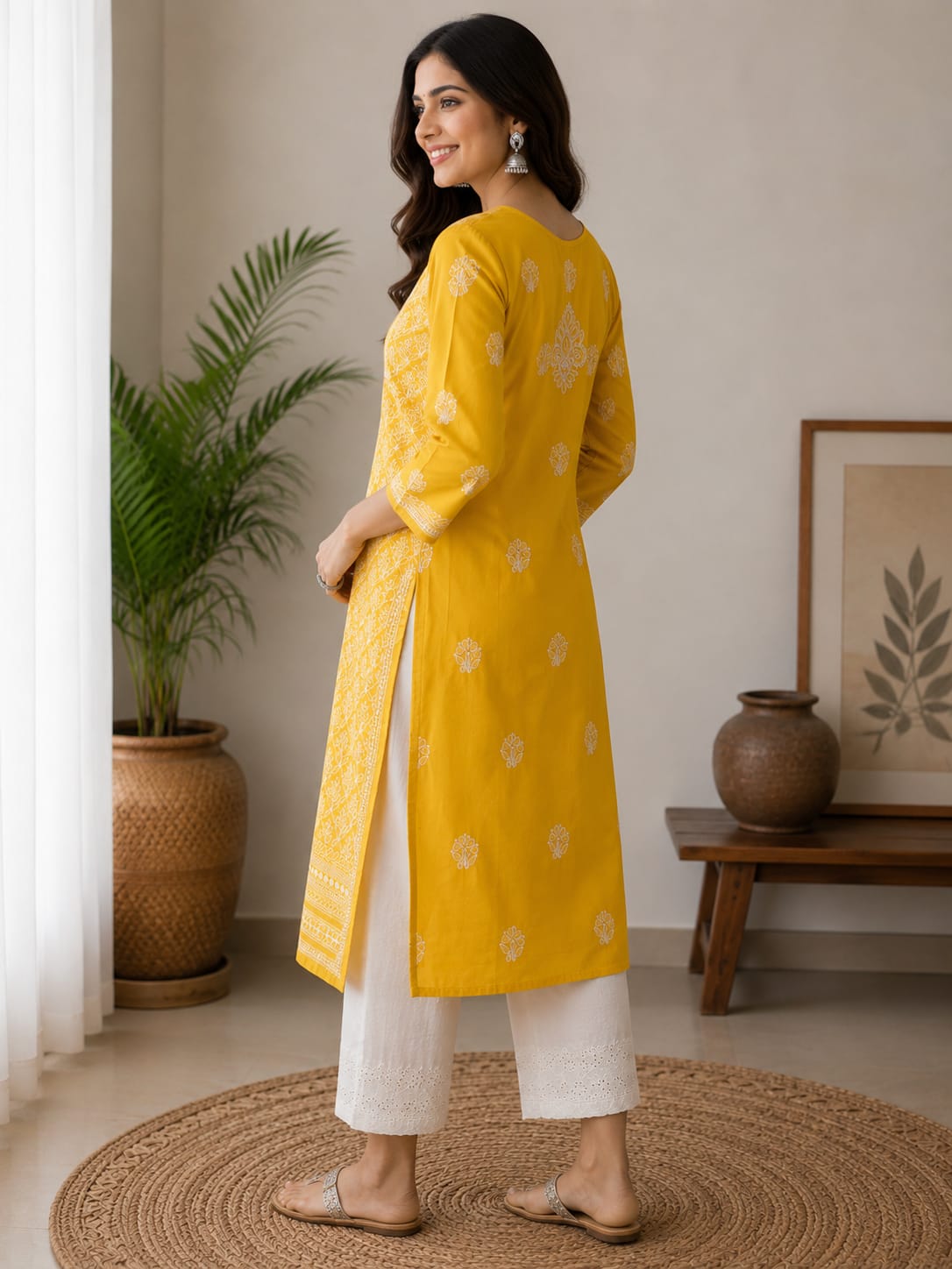 Mustard Yellow Kurti Cotton Full Jaal Work