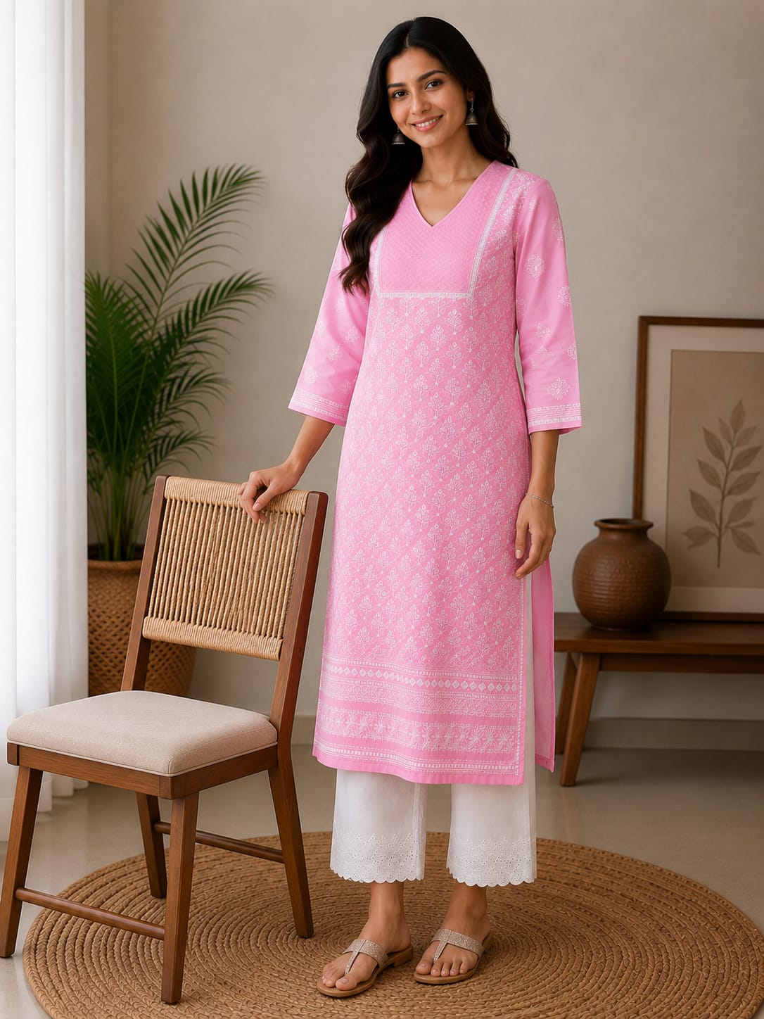 Baby Pink Kurti Cotton Full Jaal Work