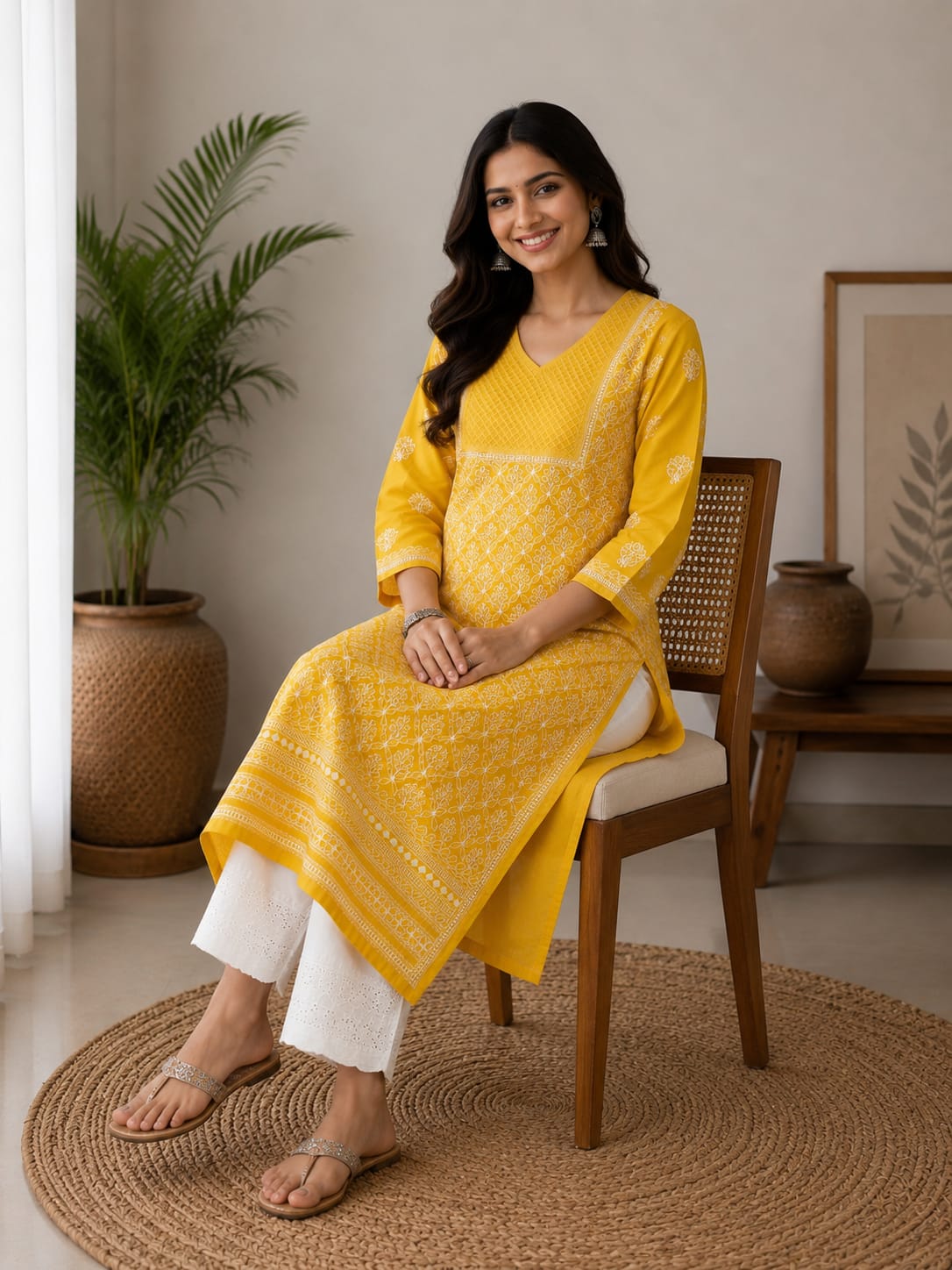 Mustard Yellow Kurti Cotton Full Jaal Work