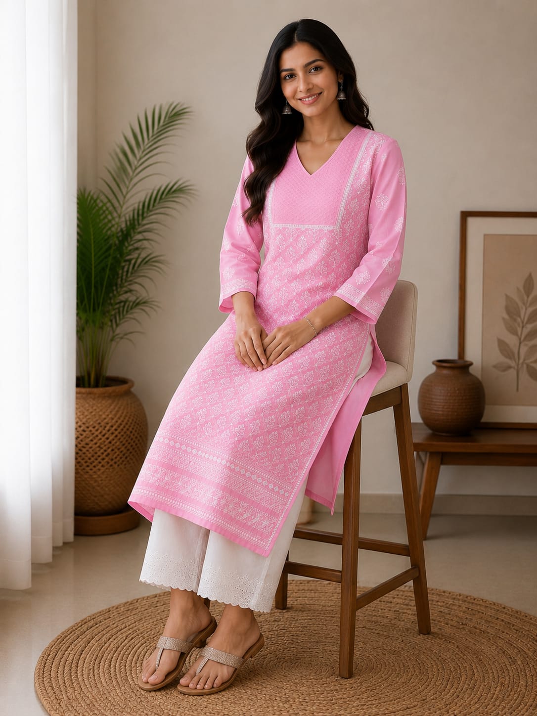 Baby Pink Kurti Cotton Full Jaal Work