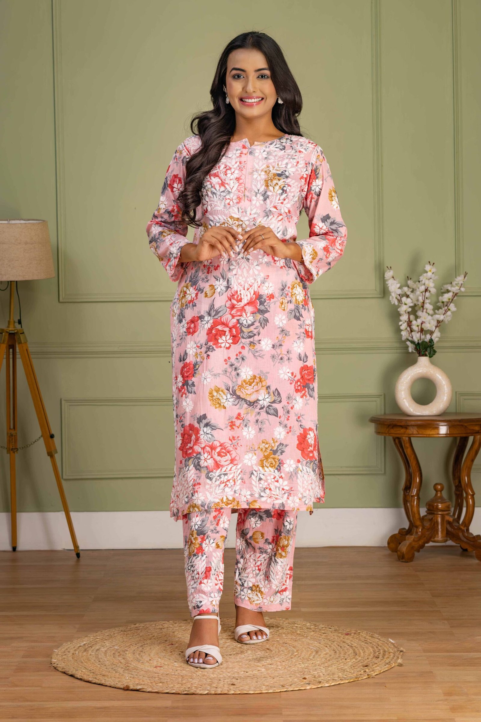 Light Pink Floral Mul Cotton Kurti Set