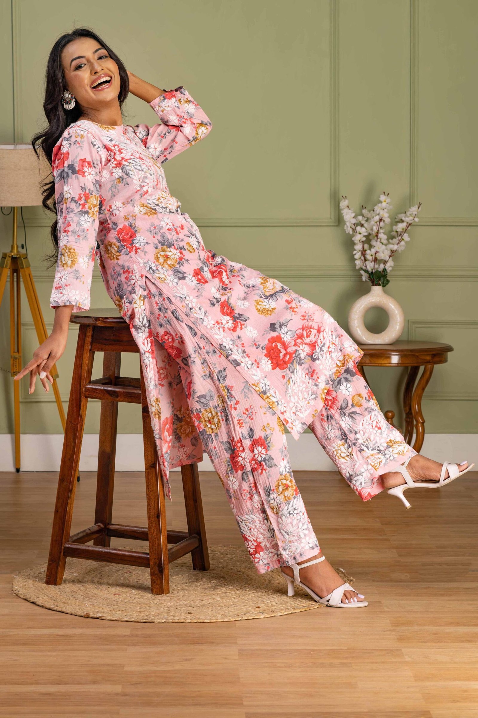 Light Pink Floral Mul Cotton Kurti Set