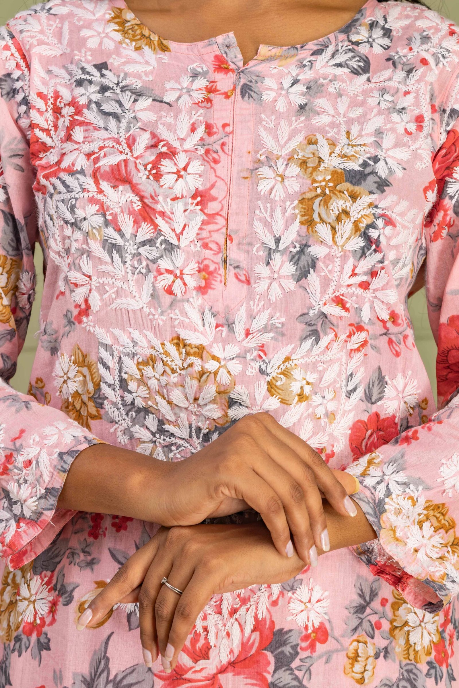Light Pink Floral Mul Cotton Kurti Set