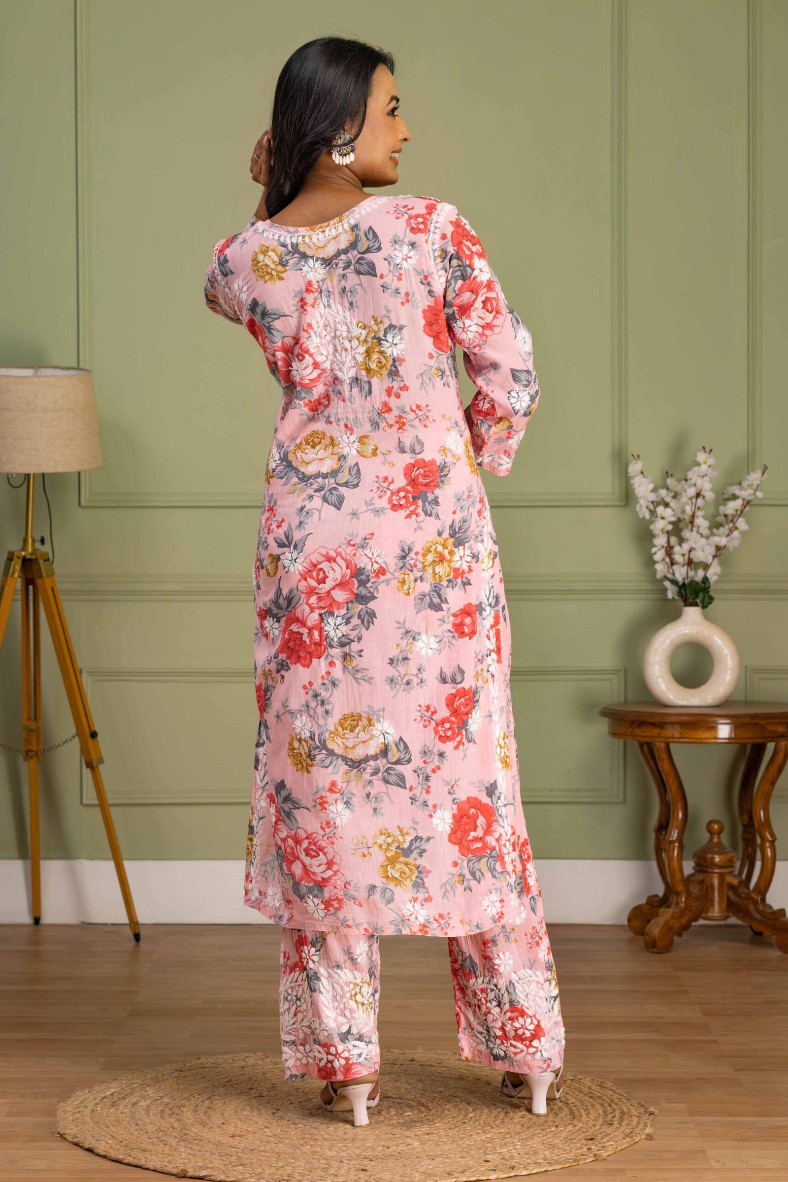 Light Pink Floral Mul Cotton Kurti Set