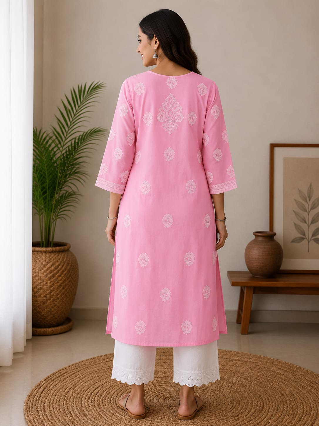 Baby Pink Kurti Cotton Full Jaal Work
