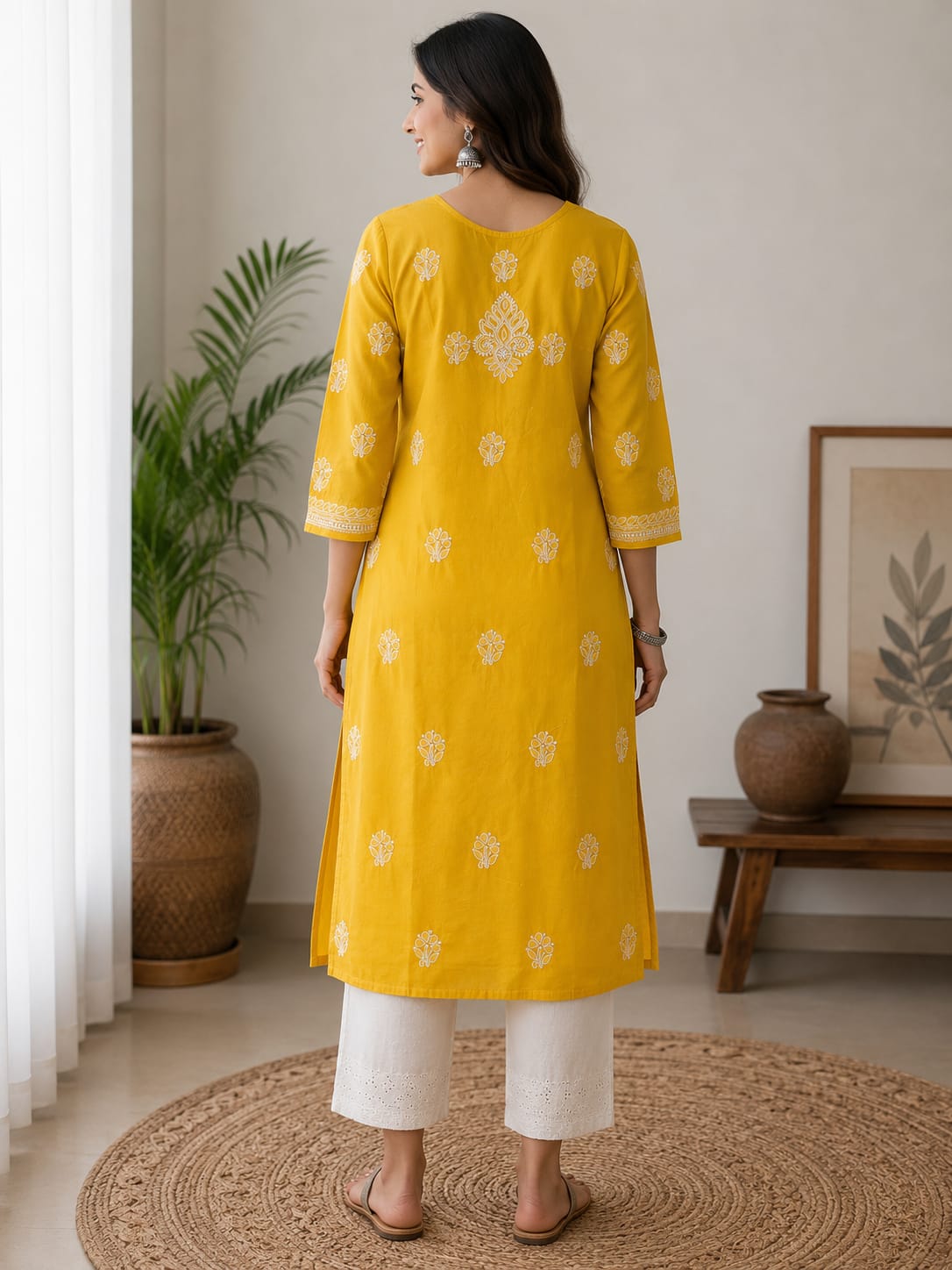 Mustard Yellow Kurti Cotton Full Jaal Work