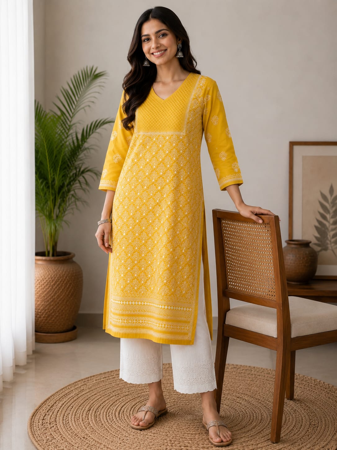 Mustard Yellow Kurti Cotton Full Jaal Work