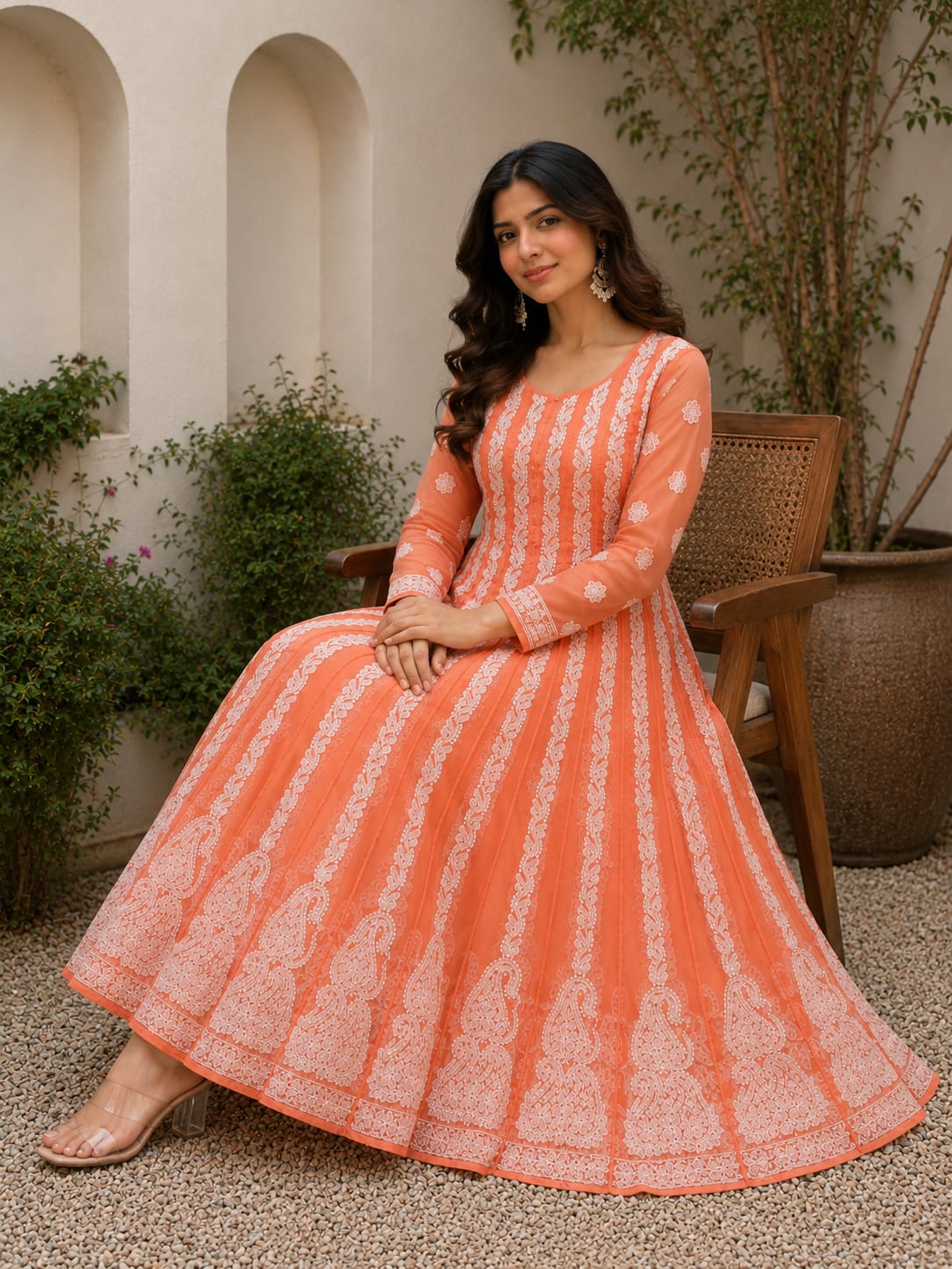 Coral Orange Hand Embroidered Chikan Chiffon Anaarkali With 56Gores