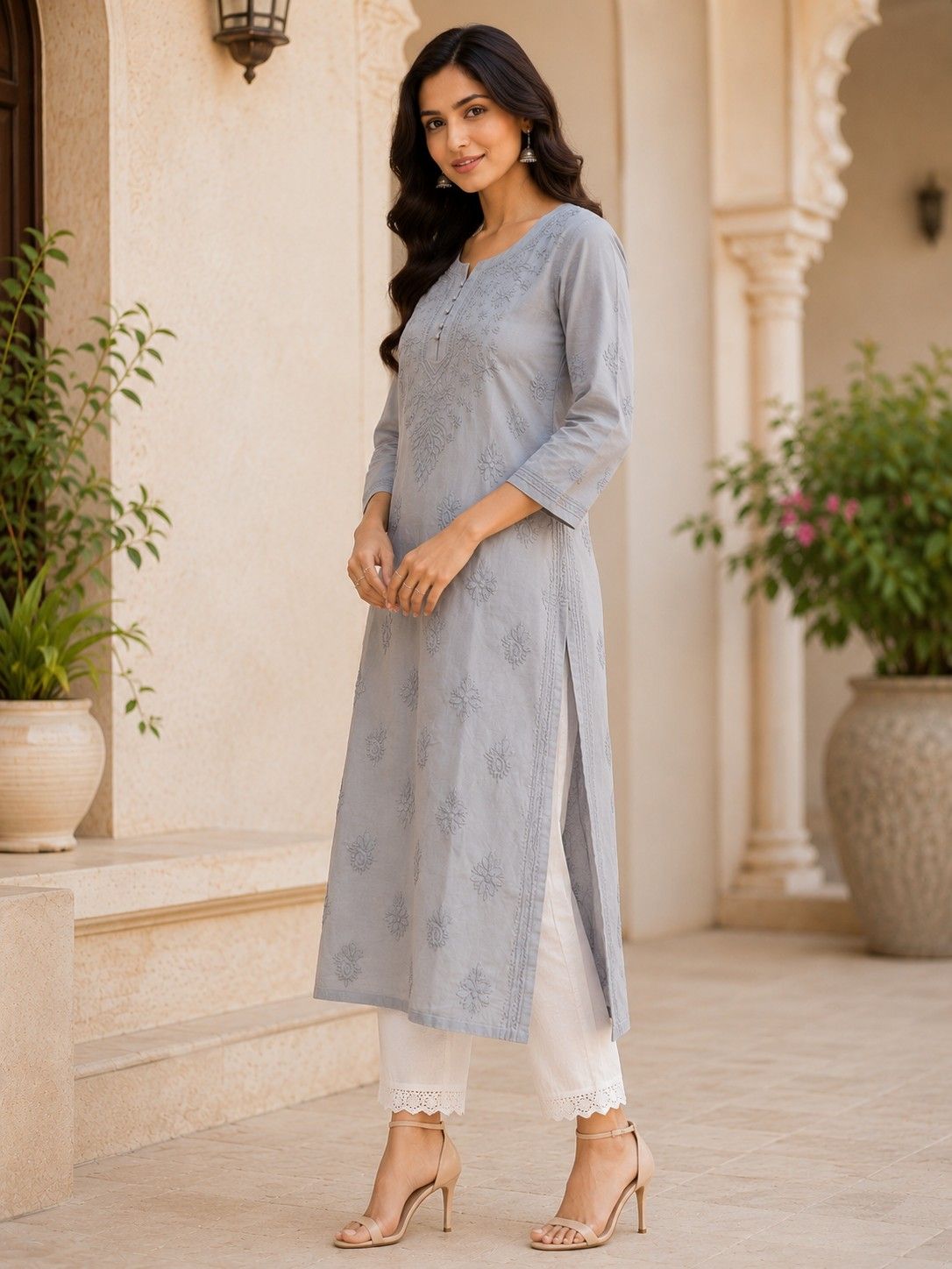 Grey Hand Embroidered Lucknowi Chikankari Kashmiri Cotton Kurti