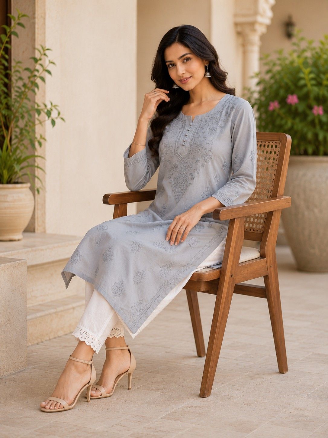Grey Hand Embroidered Lucknowi Chikankari Kashmiri Cotton Kurti