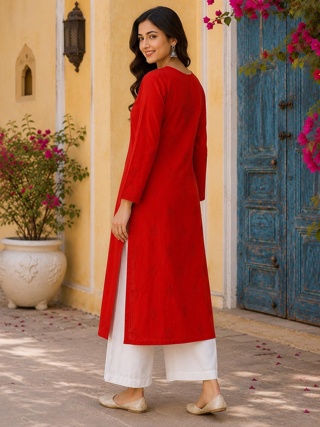 Cherry Red Hand Embroidered Lucknowi Chikankari Kashmiri Cotton Kurti