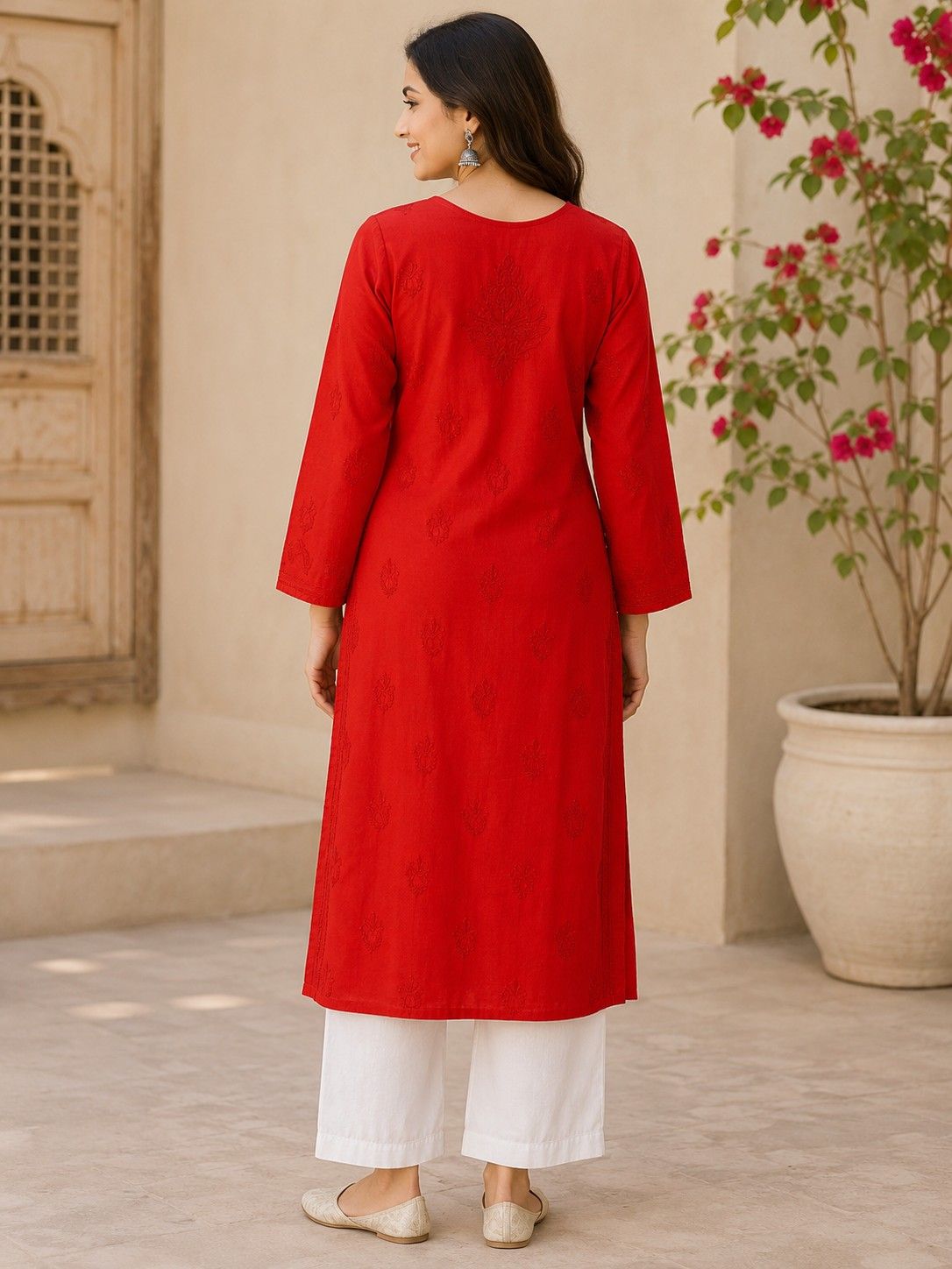 Cherry Red Hand Embroidered Lucknowi Chikankari Kashmiri Cotton Kurti