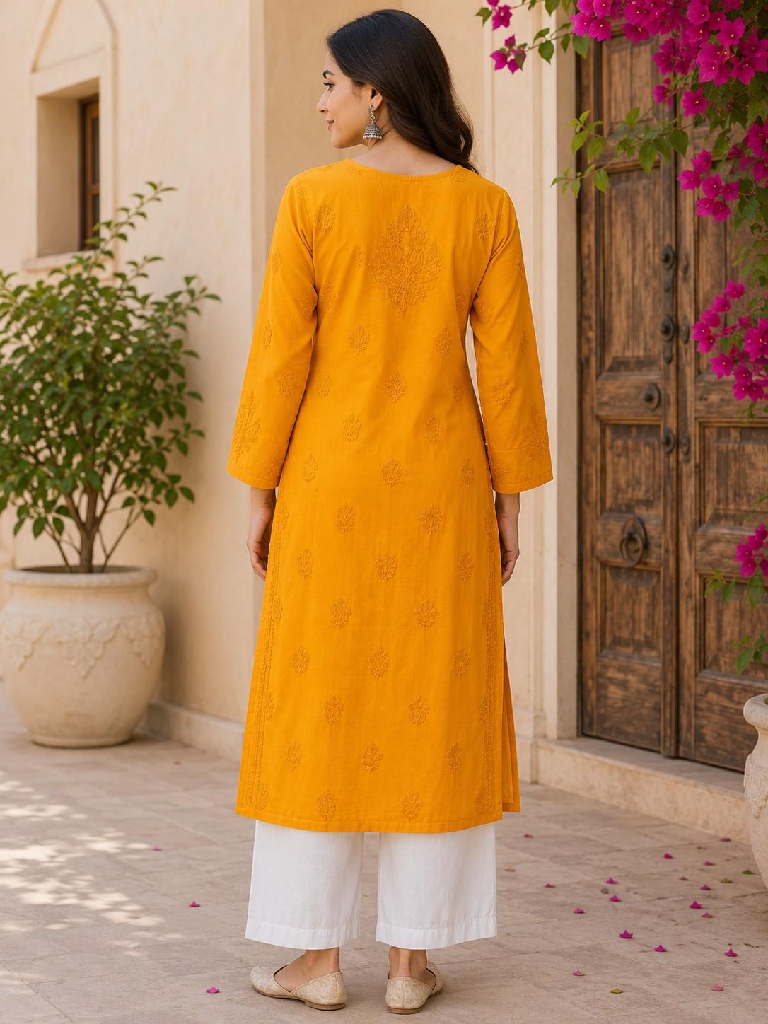 Mustard Yellow Hand Embroidered Lucknowi Chikankari Kashmiri Cotton Kurti