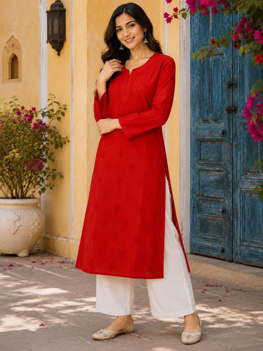 Cherry Red Hand Embroidered Lucknowi Chikankari Kashmiri Cotton Kurti