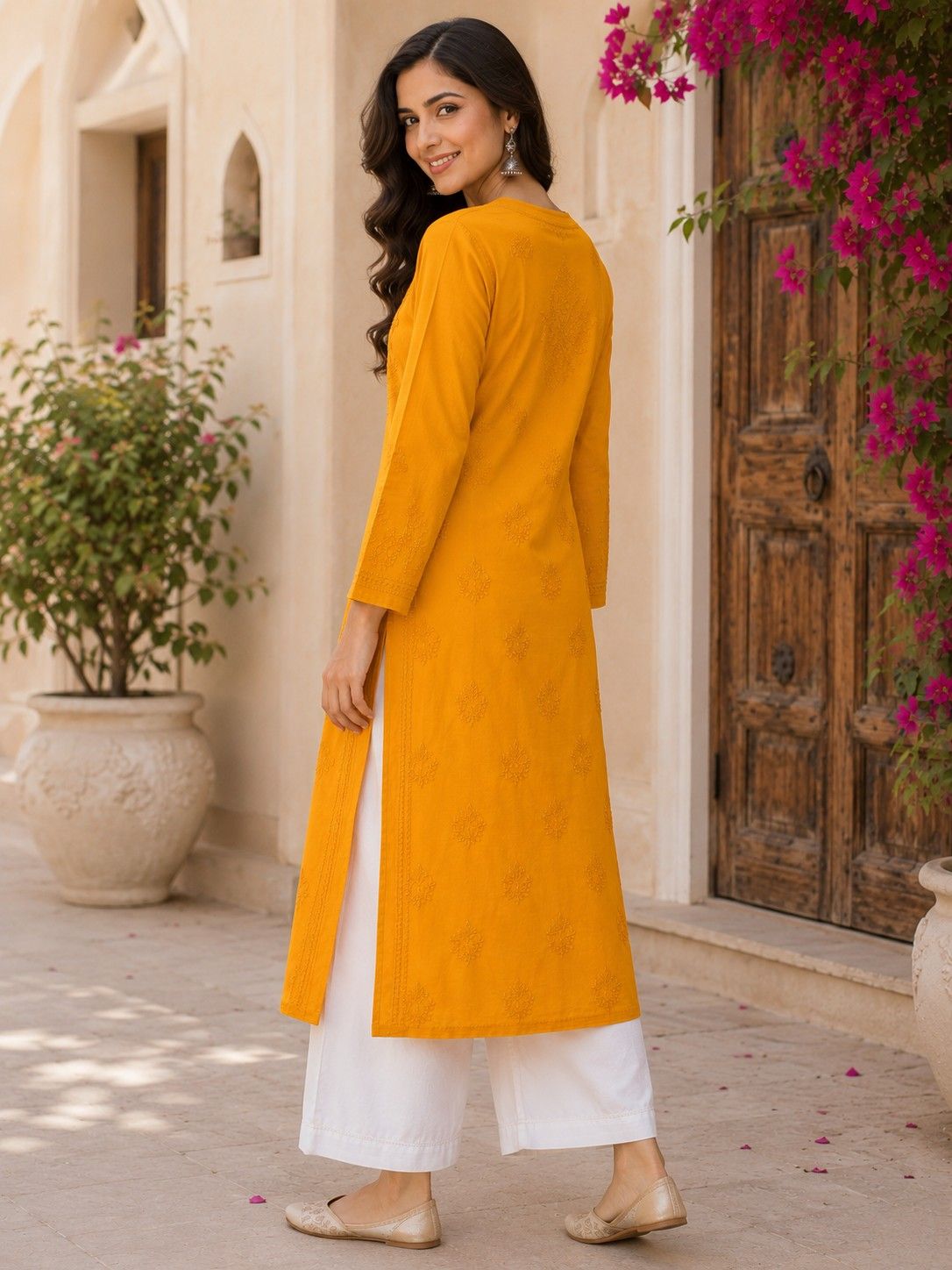 Mustard Yellow Hand Embroidered Lucknowi Chikankari Kashmiri Cotton Kurti