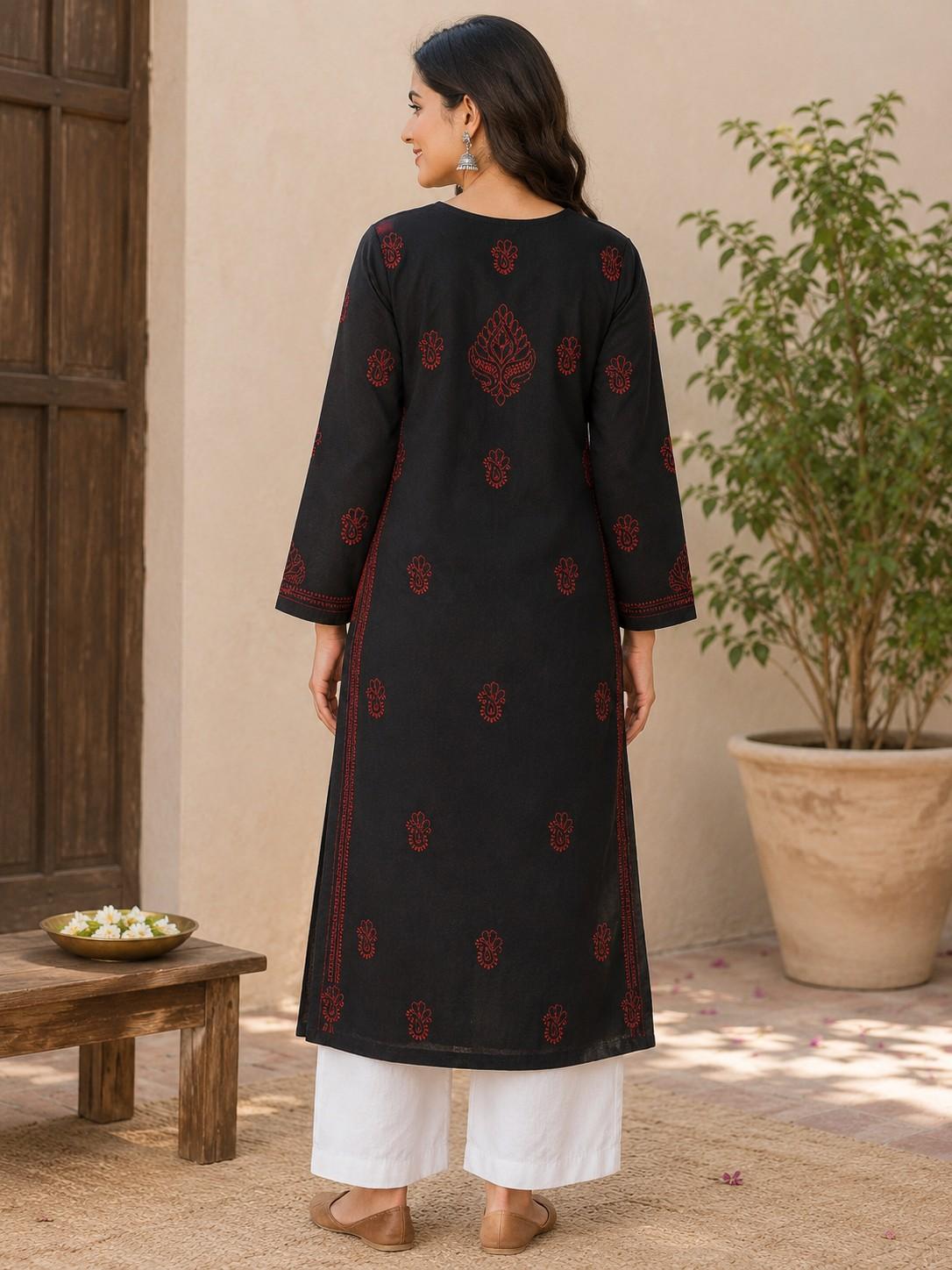 Black Hand Embroidered Lucknowi Chikankari Kashmiri Cotton Kurti