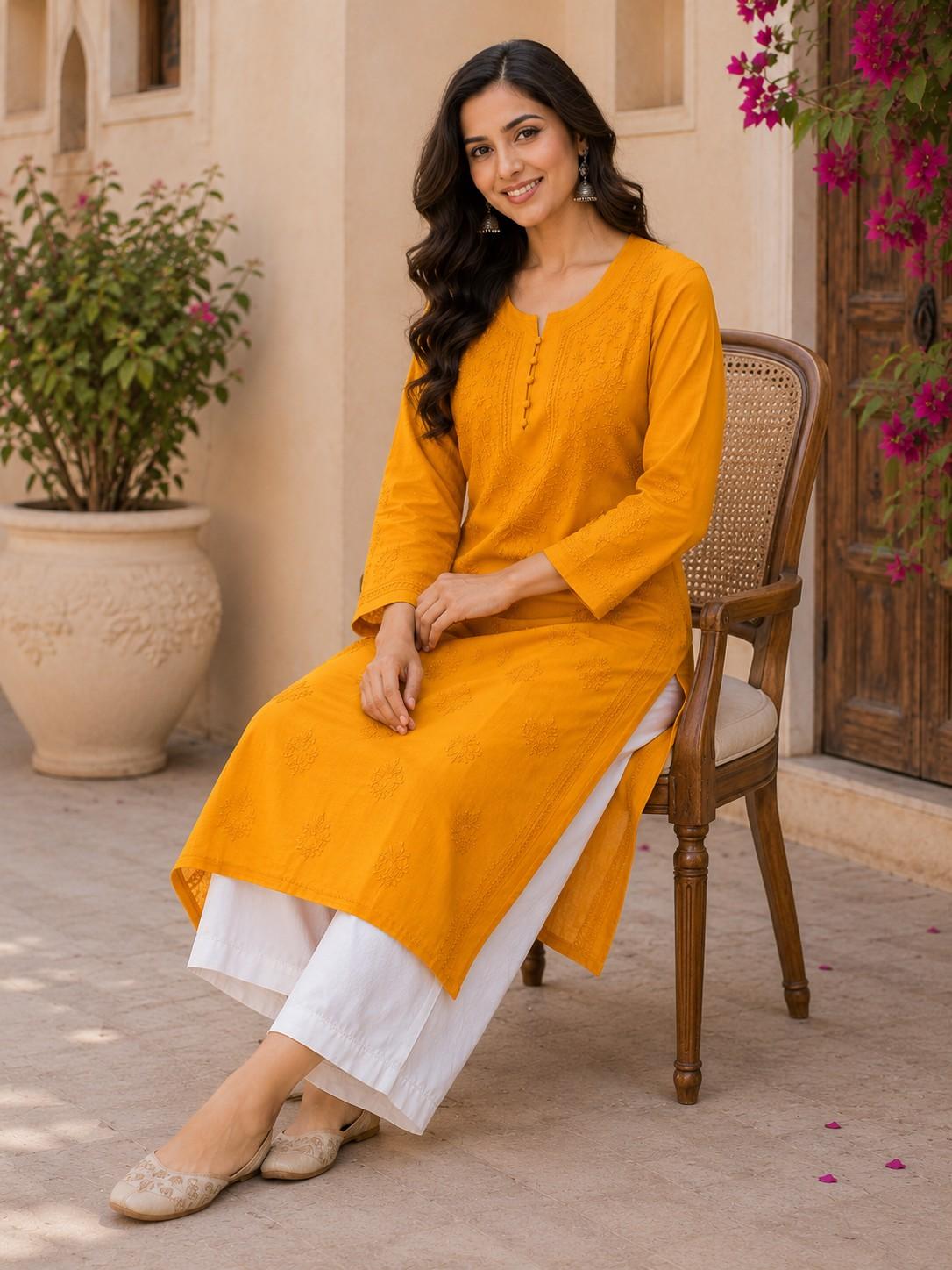 Mustard Yellow Hand Embroidered Lucknowi Chikankari Kashmiri Cotton Kurti