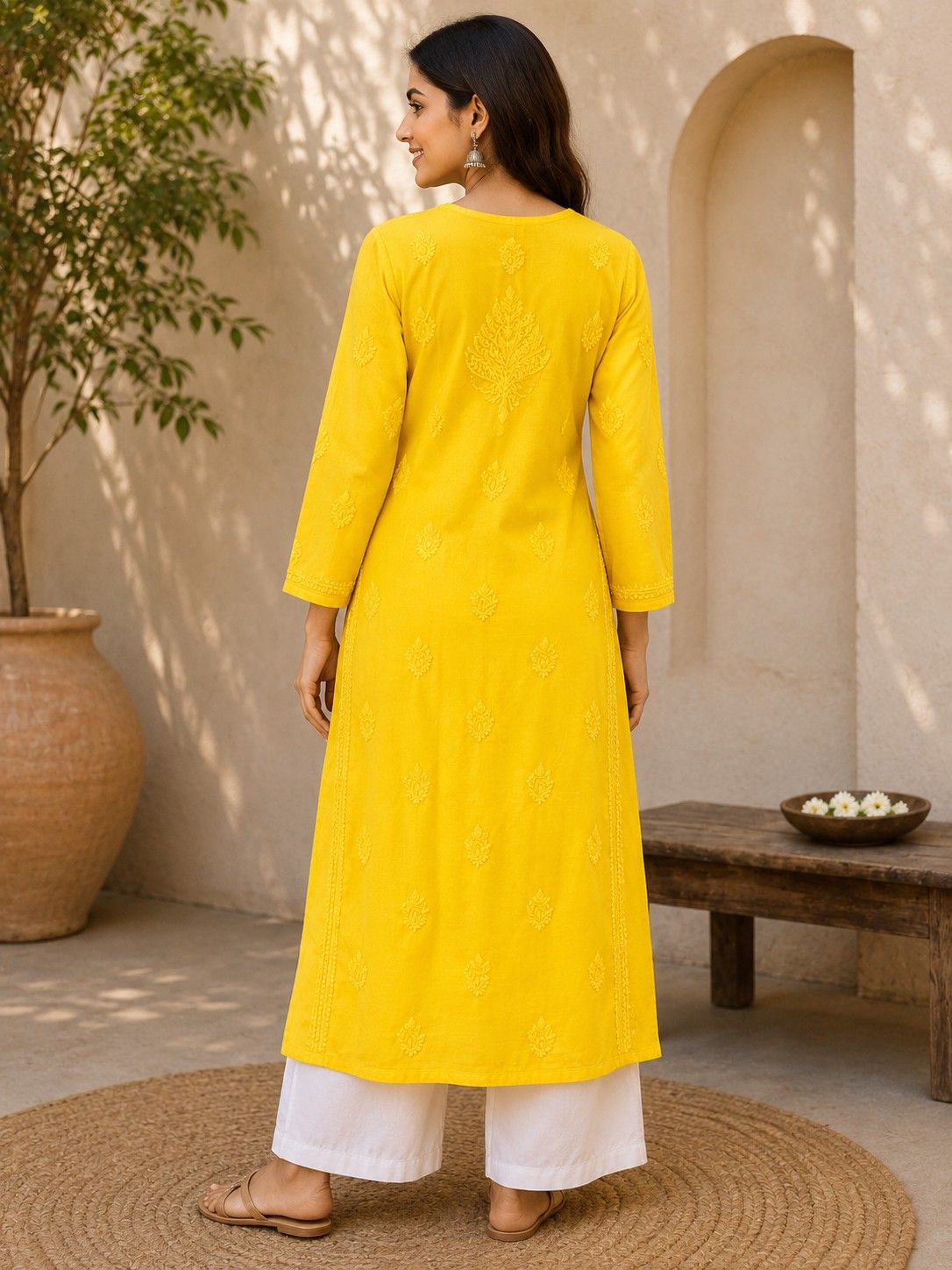 Yellow Hand Embroidered Lucknowi Chikankari Kashmiri Cotton Kurti