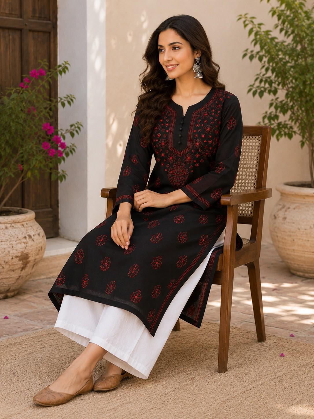 Black Hand Embroidered Lucknowi Chikankari Kashmiri Cotton Kurti