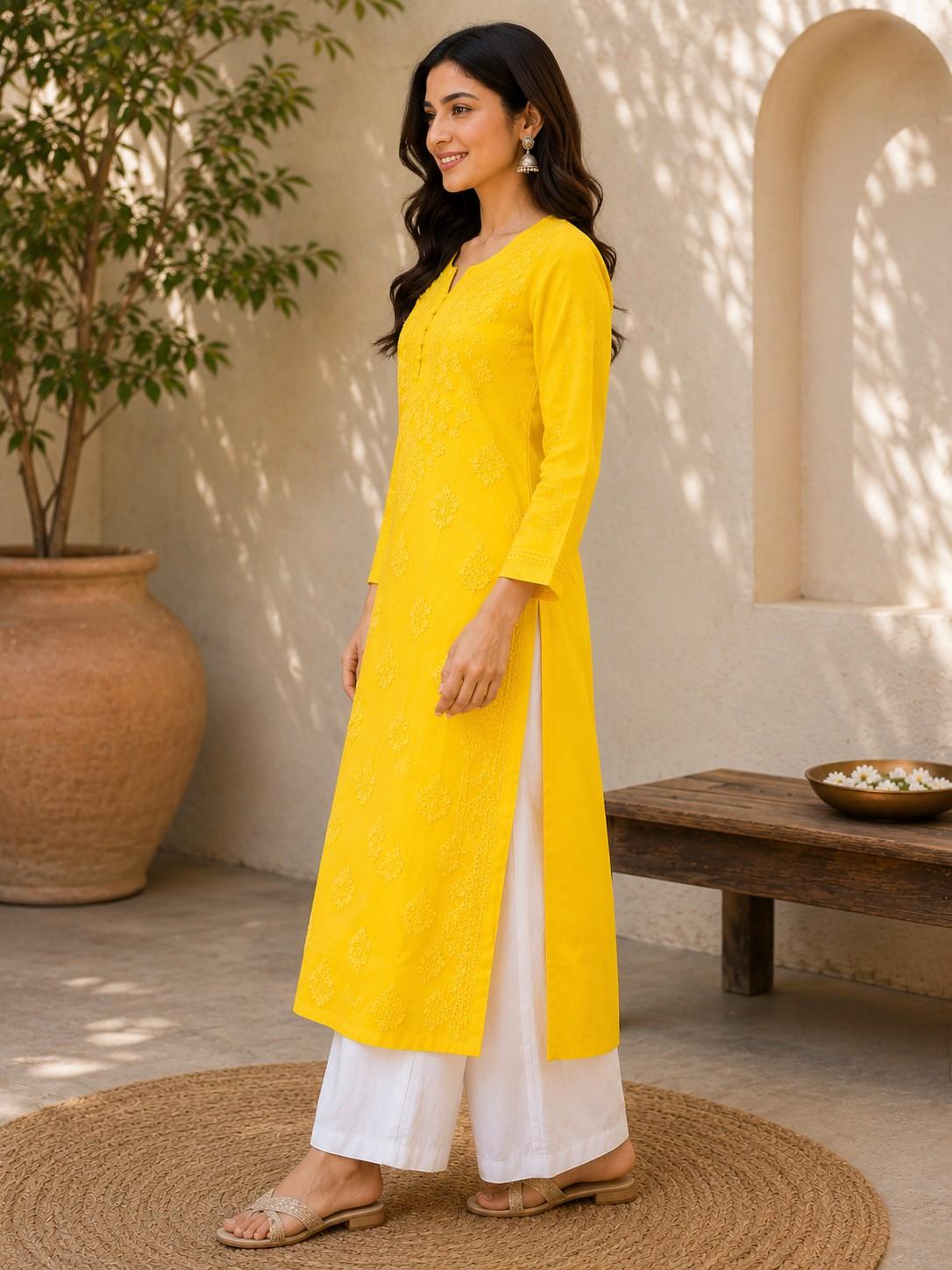 Yellow Hand Embroidered Lucknowi Chikankari Kashmiri Cotton Kurti