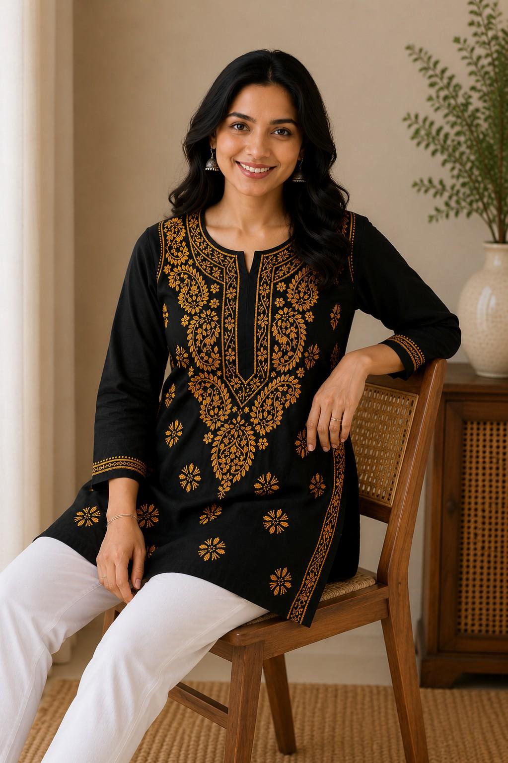 Black Hand Embroidered Lucknowi Chikankari Pure Cotton Kashmiri Short Kurti