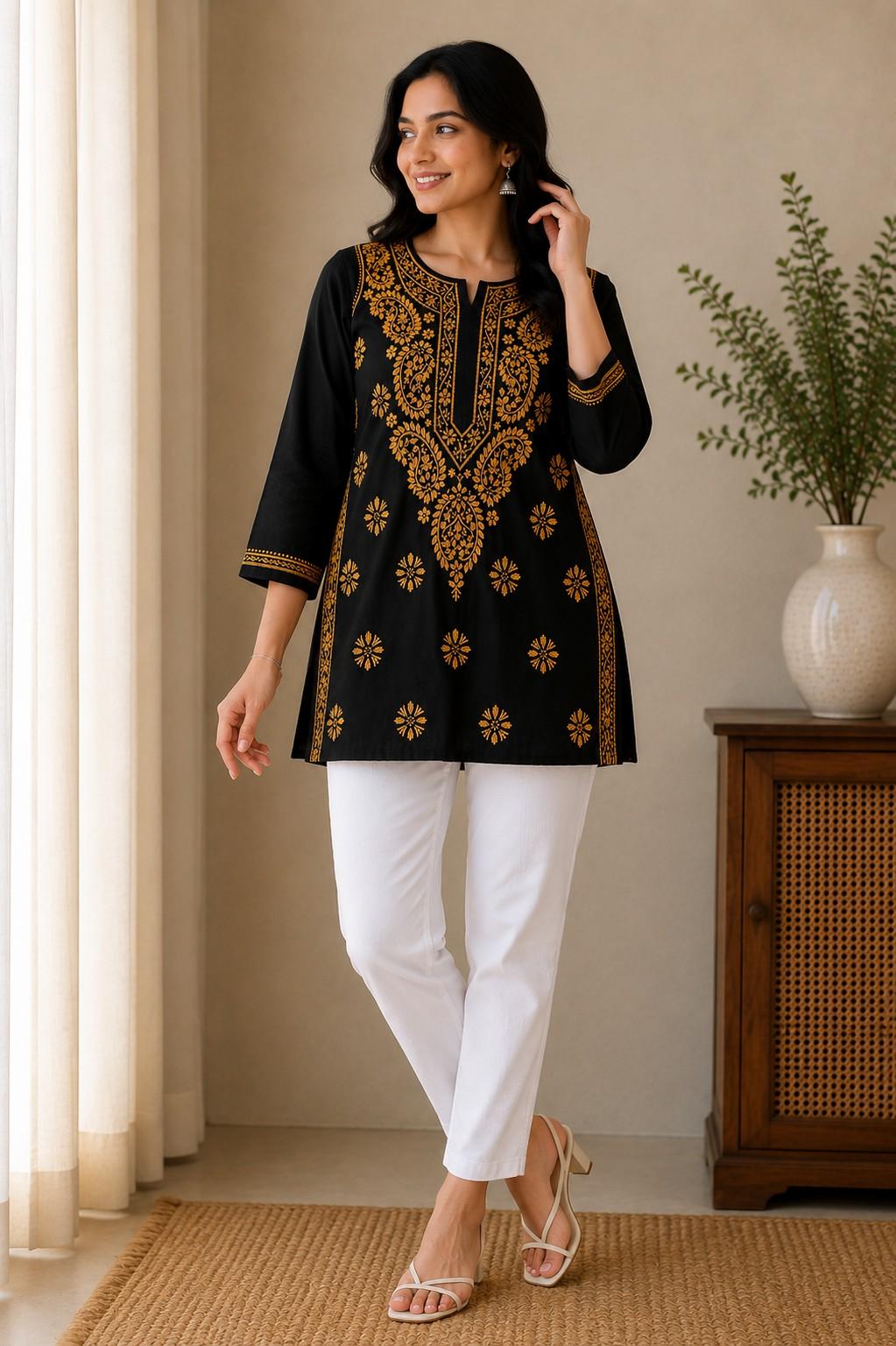Black Hand Embroidered Lucknowi Chikankari Pure Cotton Kashmiri Short Kurti