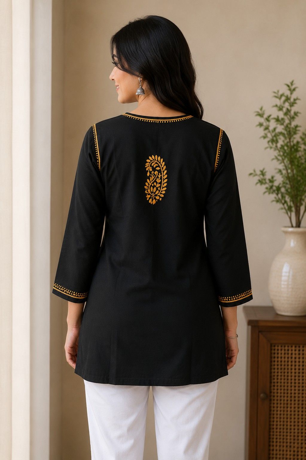 Black Hand Embroidered Lucknowi Chikankari Pure Cotton Kashmiri Short Kurti