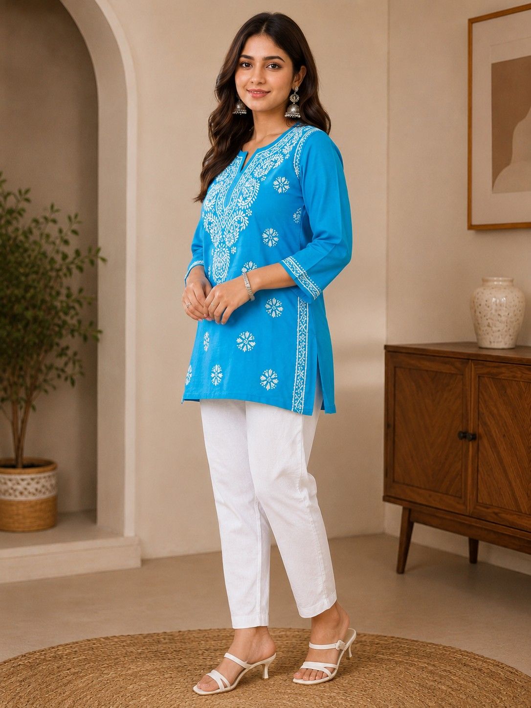 Sky Blue Hand Embroidered Lucknowi Chikankari Pure Cotton Kashmiri Short Kurti