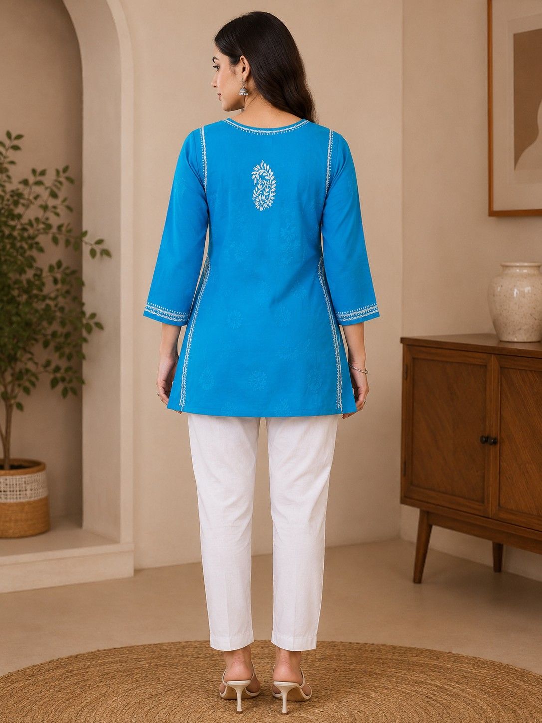 Sky Blue Hand Embroidered Lucknowi Chikankari Pure Cotton Kashmiri Short Kurti