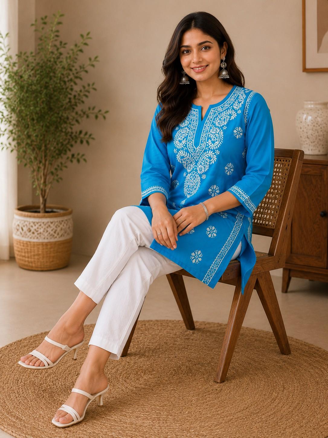 Sky Blue Hand Embroidered Lucknowi Chikankari Pure Cotton Kashmiri Short Kurti