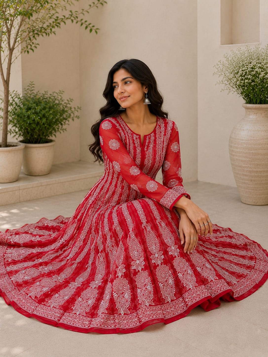 Crimson Red Hand Embroidered Chikan Chiffon Anaarkali With 56Gores