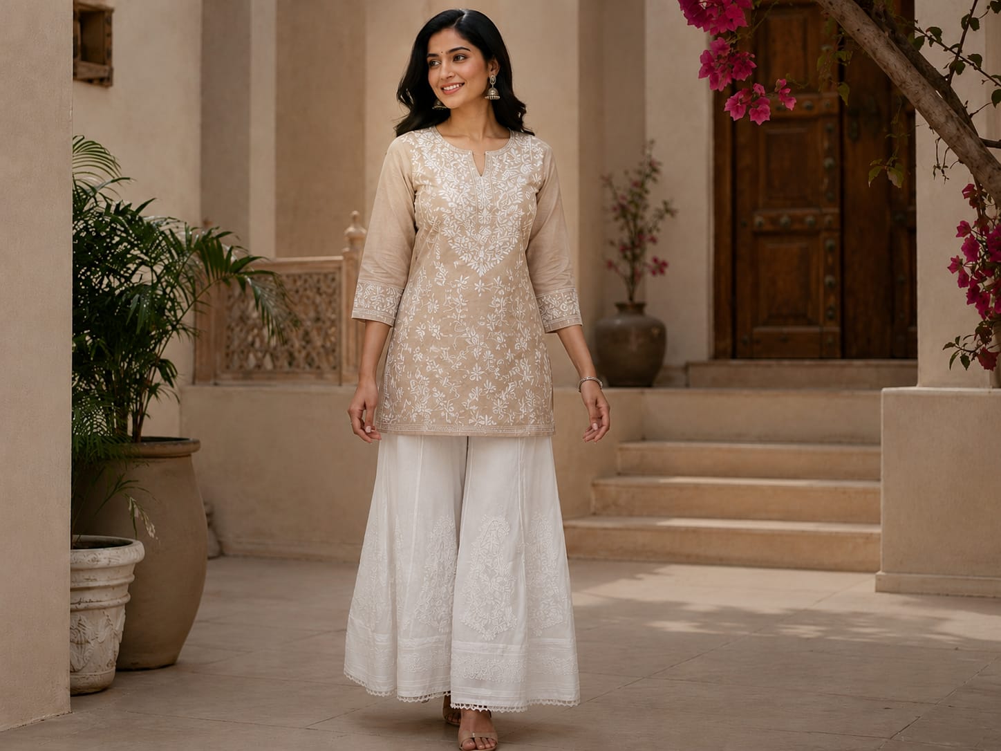 White Hand Embroidered Pure Cotton Chikankari Kalidar Plazo (Free Size)