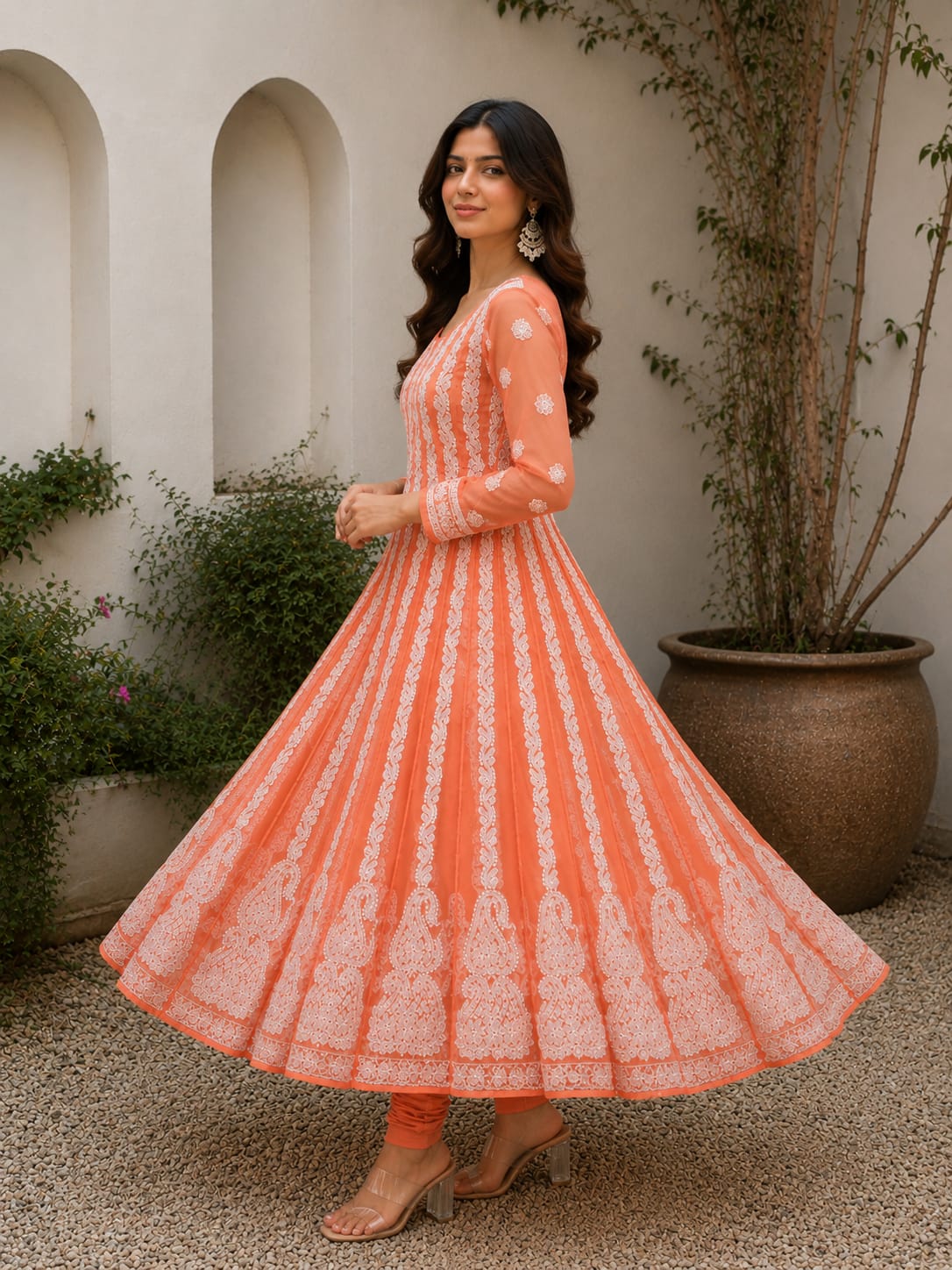 Coral Orange Hand Embroidered Chikan Chiffon Anaarkali With 56Gores
