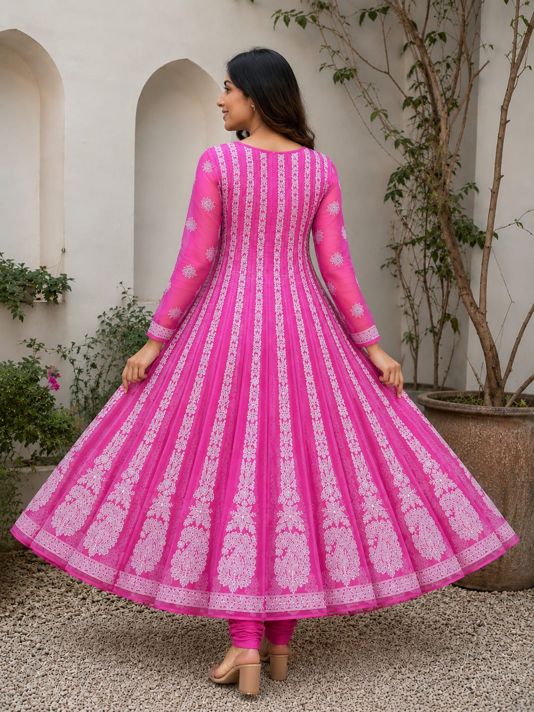 Fuchsia Pink Hand Embroidered Chikan Chiffon Anaarkali With 56Gores