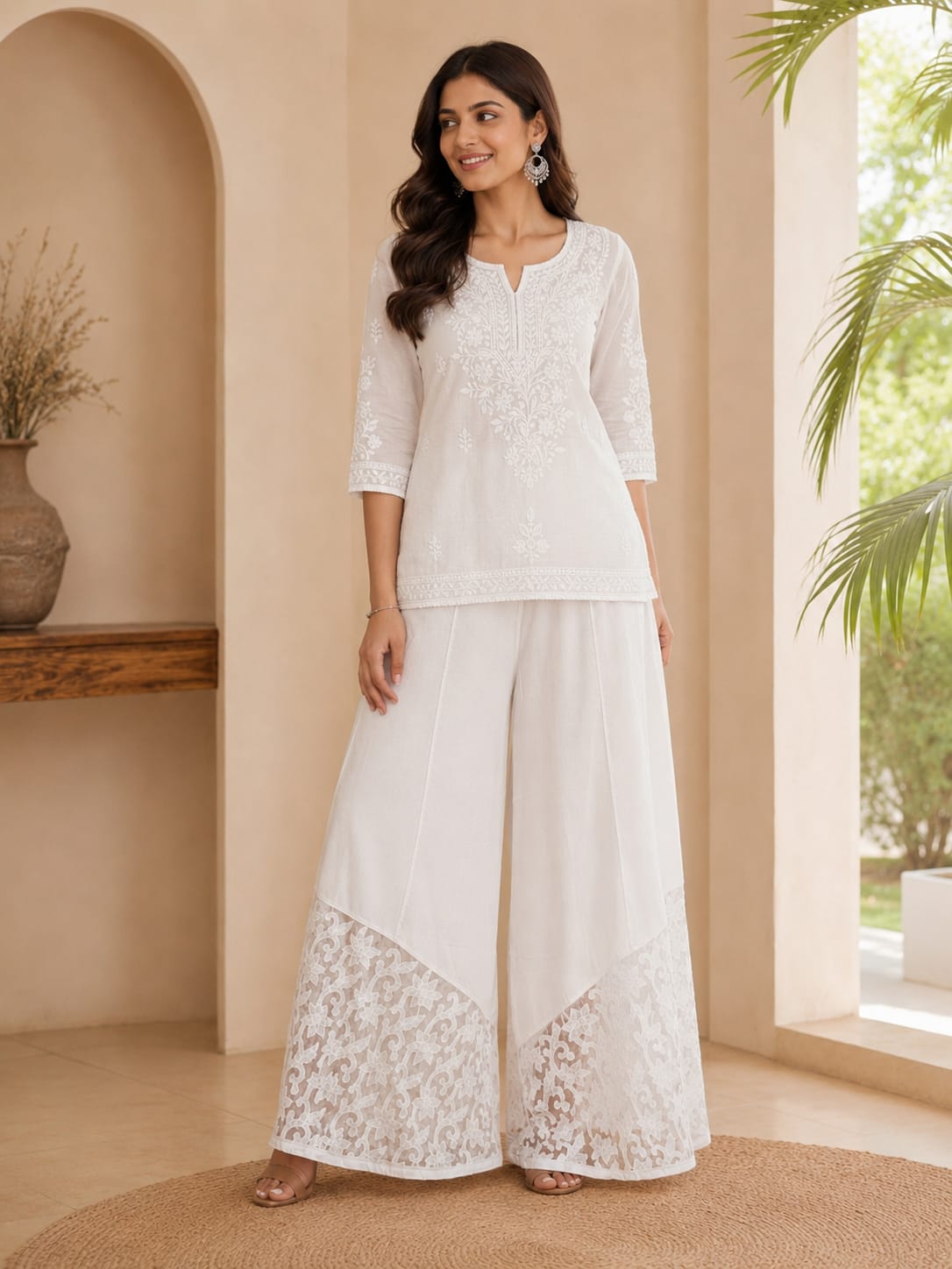 White Hand Embroidered Pure Cotton Kalidaar Net Work Plazo (Free Size)