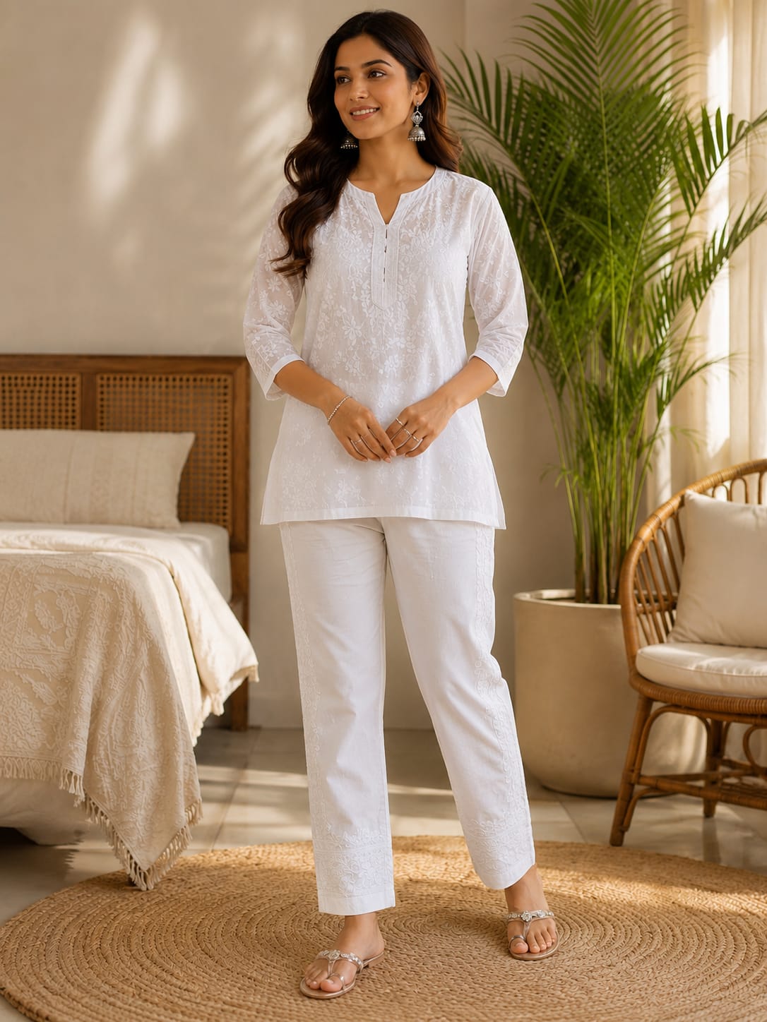 White Hand Embroidered Chikankari Lycra Pant With Bakhiya Work (Free Size)