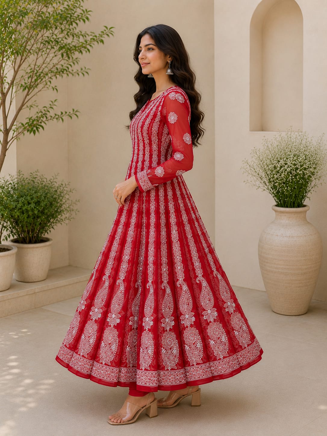 Crimson Red Hand Embroidered Chikan Chiffon Anaarkali With 56Gores