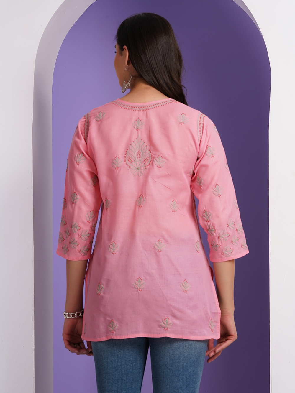 Candy Pink Hand Embroidered Chikan Cotton Top With Contrast Thread Work