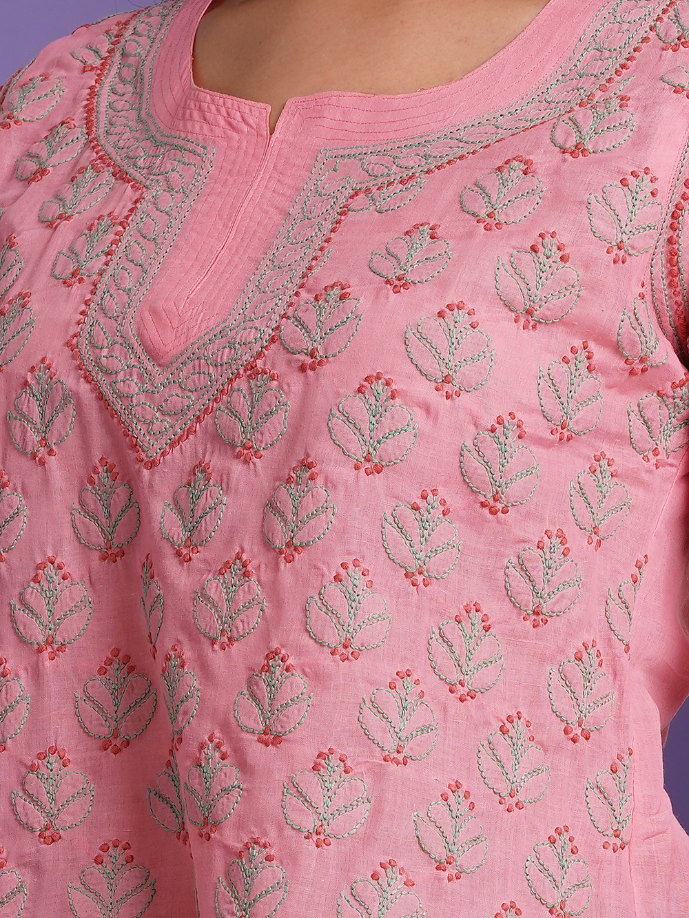 Candy Pink Hand Embroidered Chikan Cotton Top With Contrast Thread Work