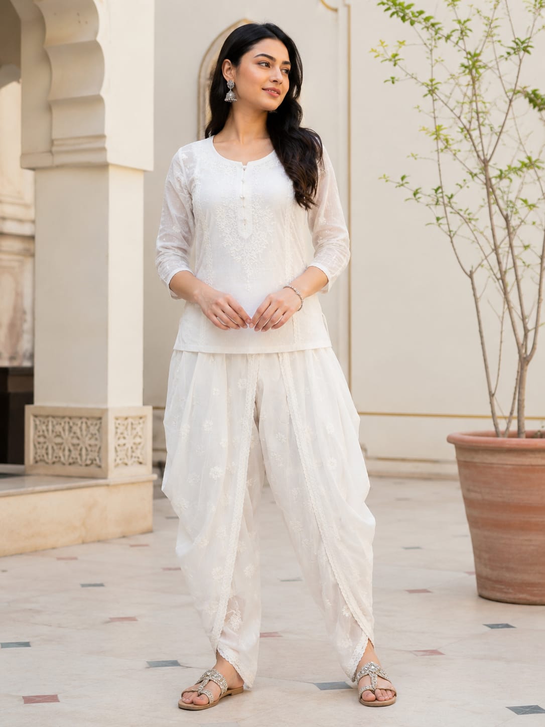 White Hand Embroidered Pure Cotton Dhoti Style Plazo (Free Size)