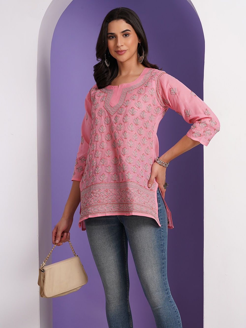 Candy Pink Hand Embroidered Chikan Cotton Top With Contrast Thread Work