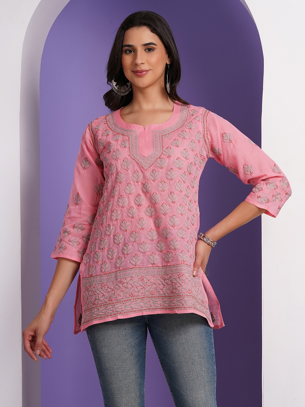 Candy Pink Hand Embroidered Chikan Cotton Top With Contrast Thread Work