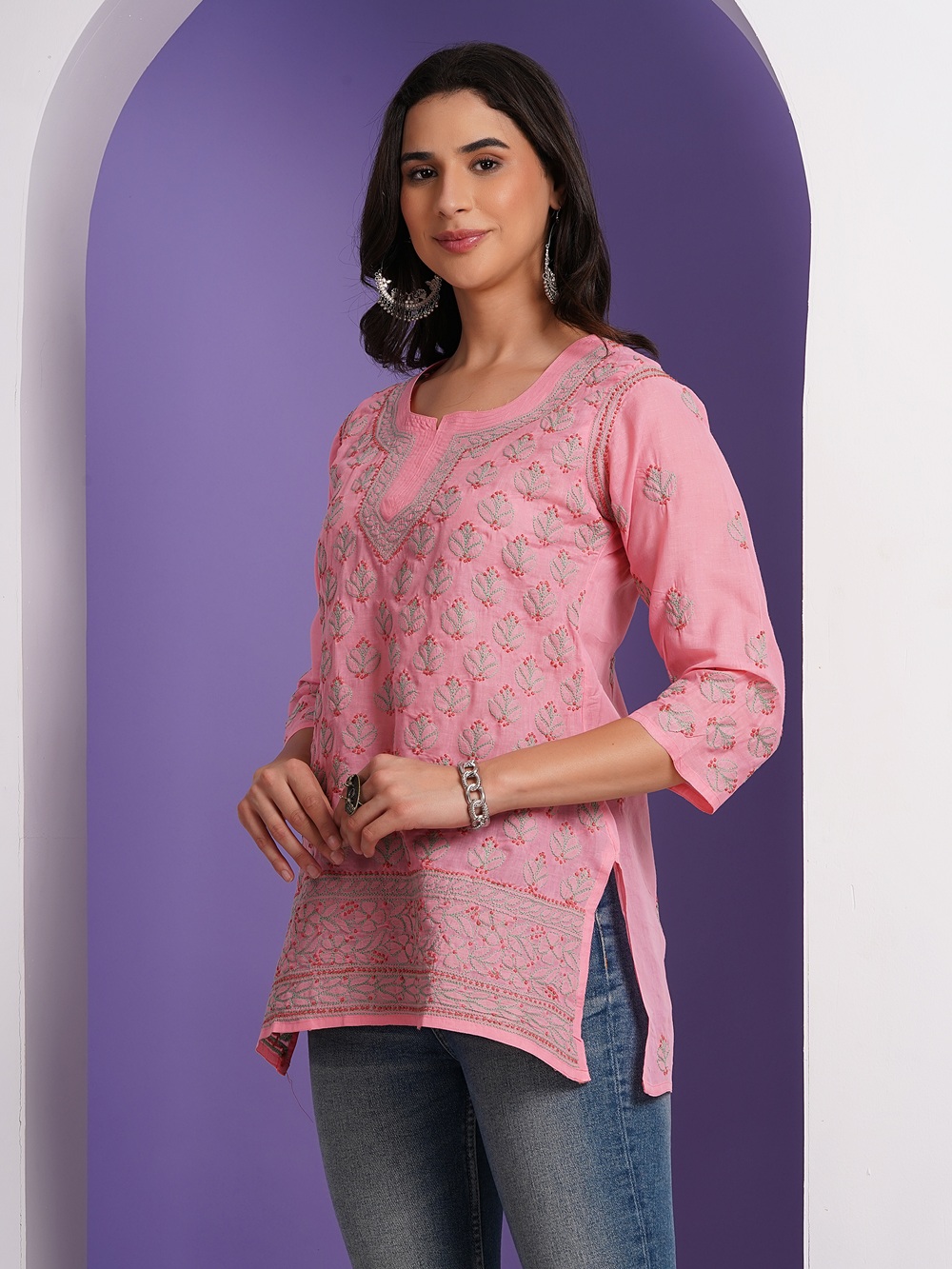Candy Pink Hand Embroidered Chikan Cotton Top With Contrast Thread Work