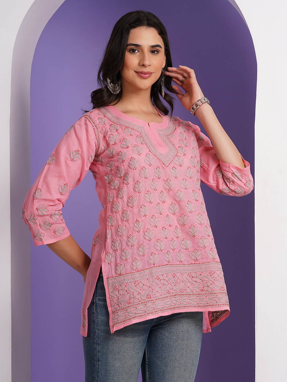 Candy Pink Hand Embroidered Chikan Cotton Top With Contrast Thread Work