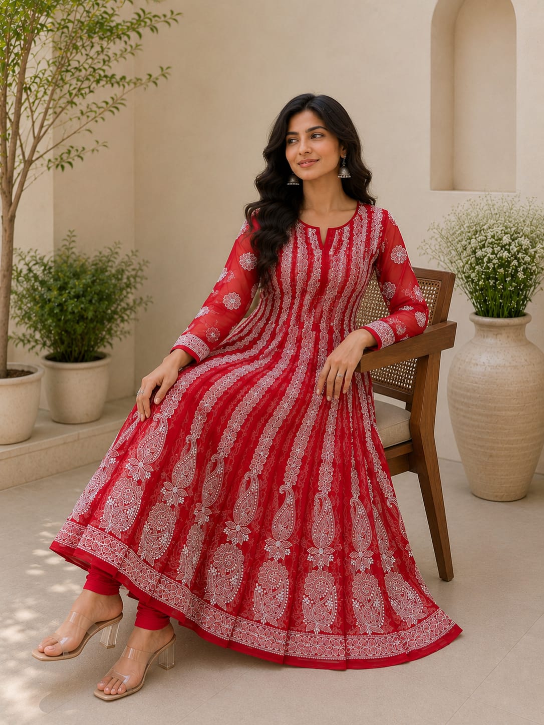 Crimson Red Hand Embroidered Chikan Chiffon Anaarkali With 56Gores