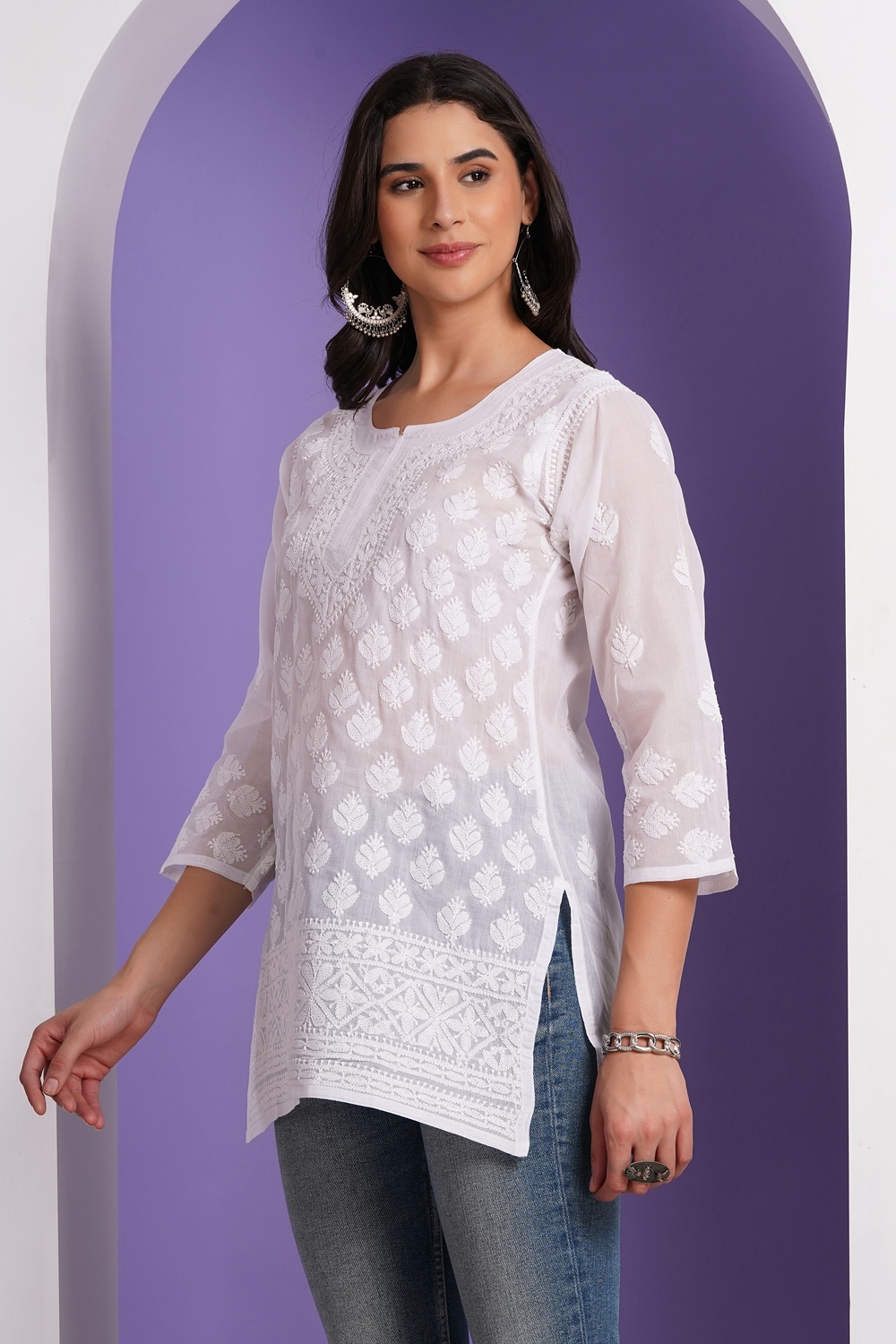 White Hand Embroidered Chikan Cotton Top With Contrast Thread Work