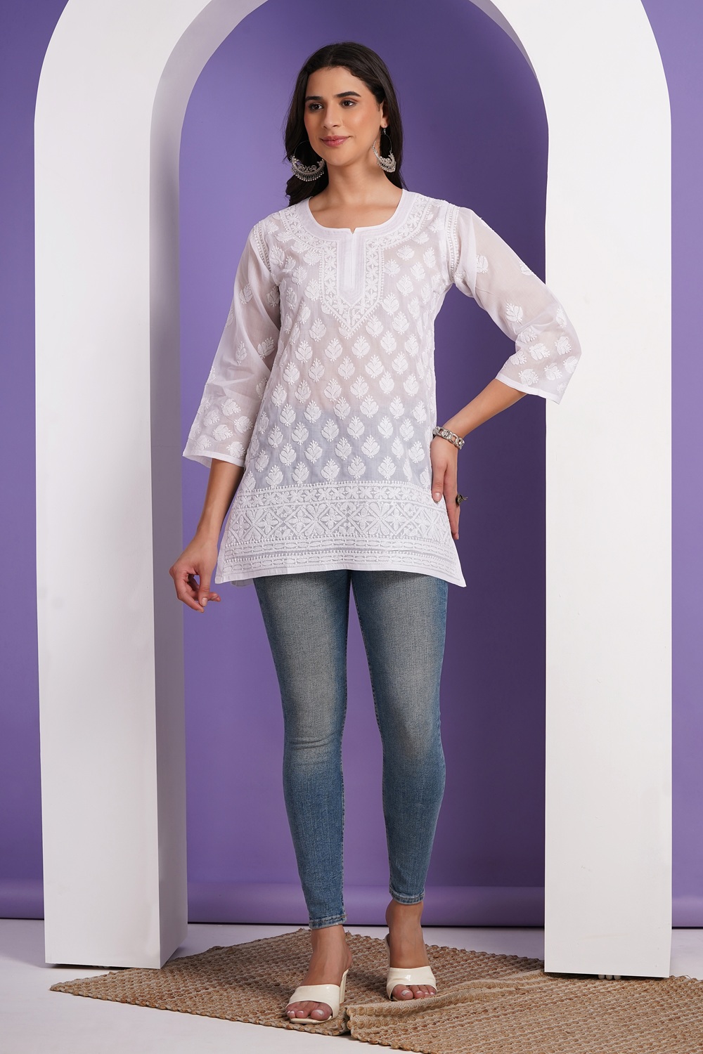 White Hand Embroidered Chikan Cotton Top With Contrast Thread Work