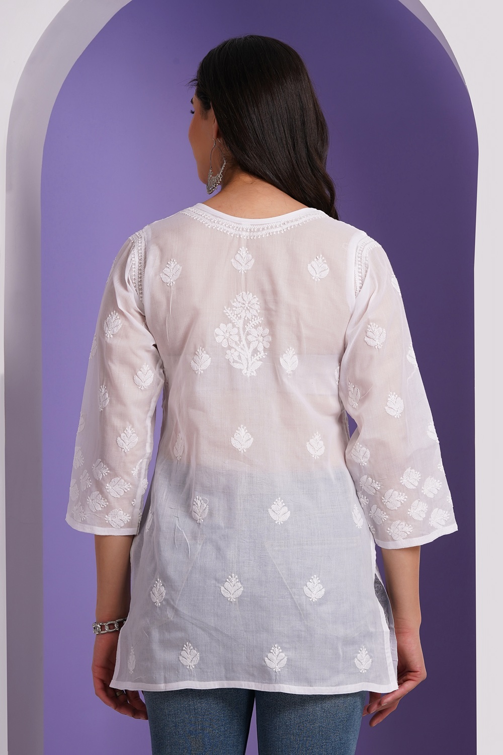 White Hand Embroidered Chikan Cotton Top With Contrast Thread Work