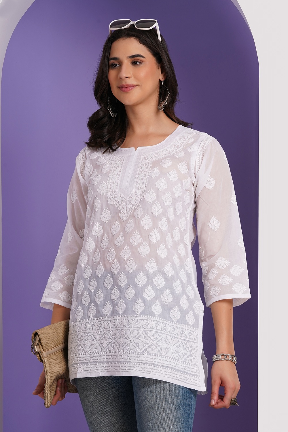 White Hand Embroidered Chikan Cotton Top With Contrast Thread Work